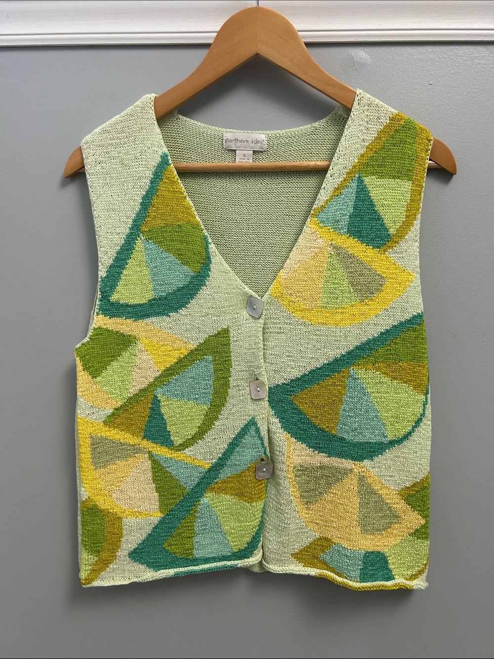 Northern Isles Knit Lemon Lime Iridescent Mother of Pearl Button Front Top